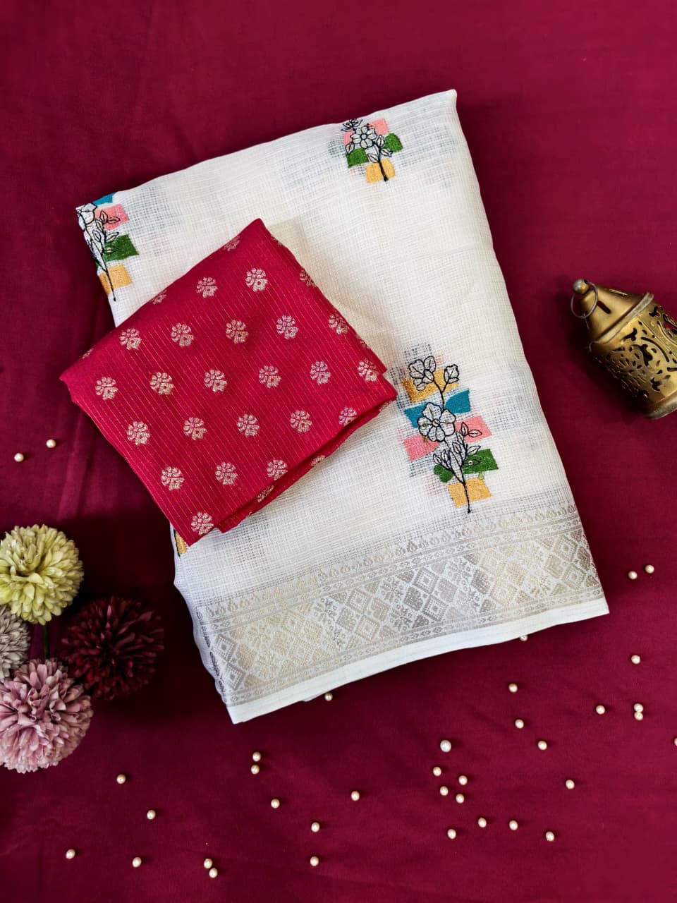 Demanding Off White Embroidery Work Kota Doriya Silk Saree With Inspiring Blouse Piece