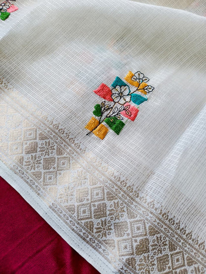 Demanding Off White Embroidery Work Kota Doriya Silk Saree With Inspiring Blouse Piece