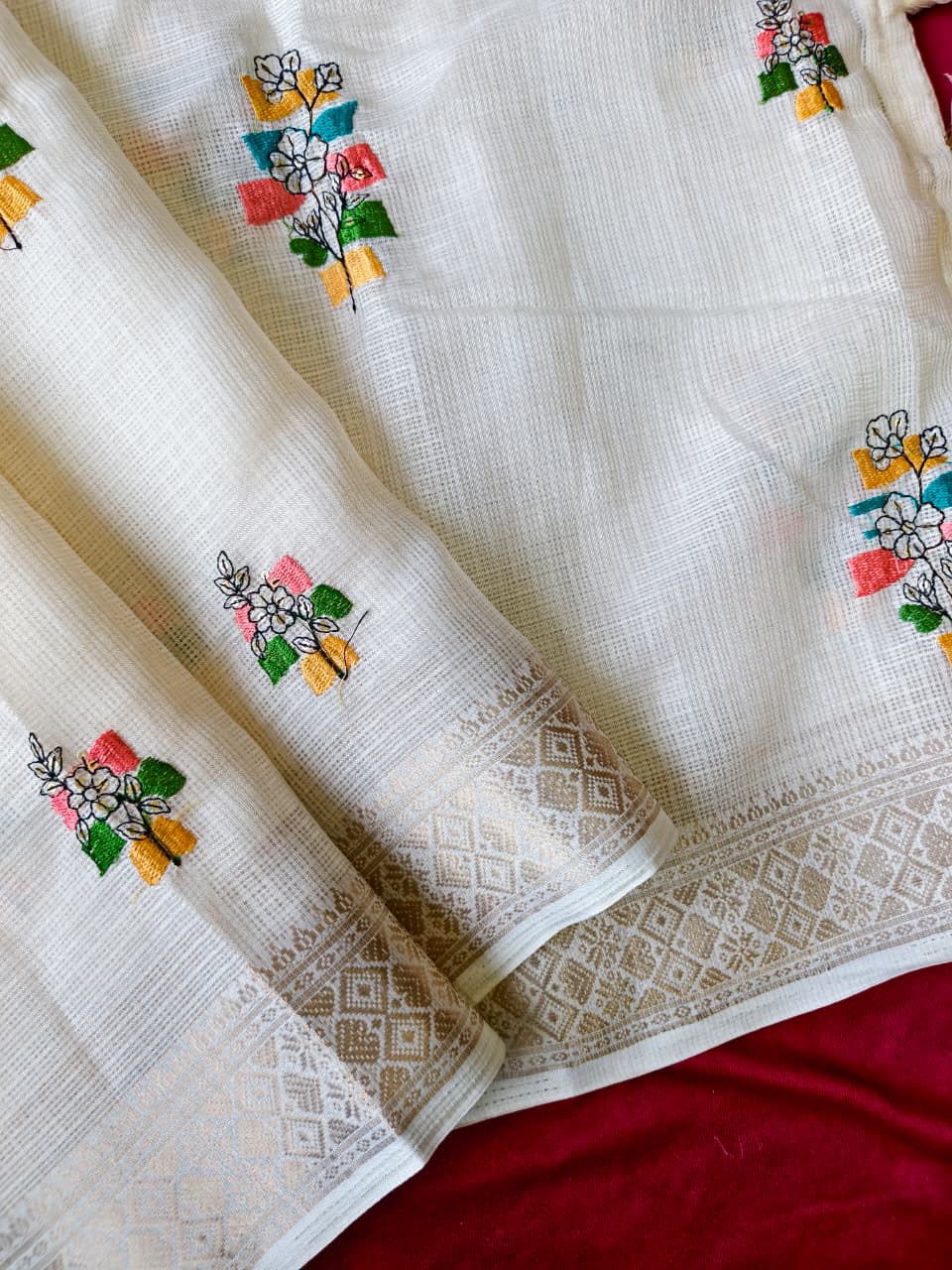 Demanding Off White Embroidery Work Kota Doriya Silk Saree With Inspiring Blouse Piece