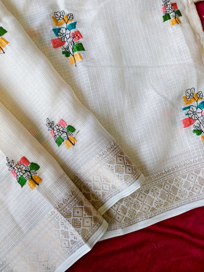 Demanding Off White Embroidery Work Kota Doriya Silk Saree With Inspiring Blouse Piece