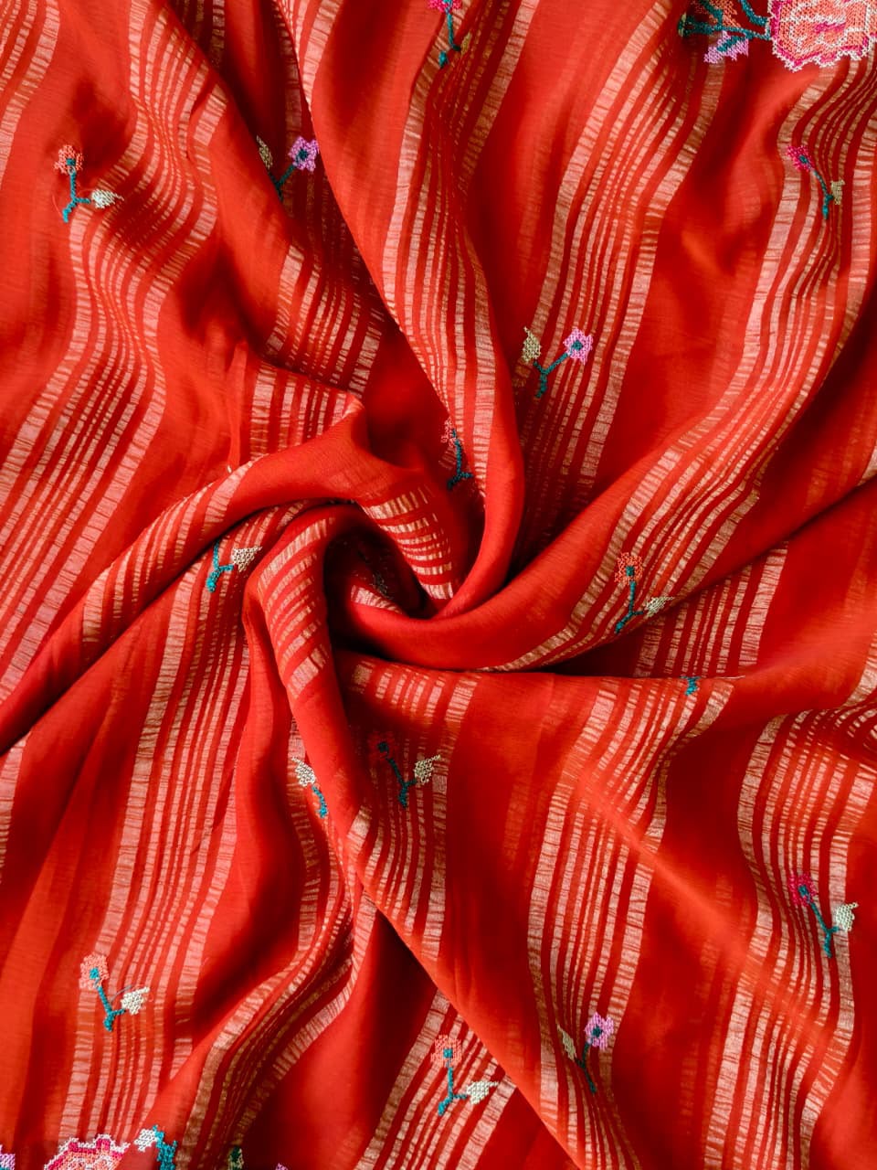 Efflorescence Red Embroidery Work Chiffon Silk Saree With Demure Blouse Piece