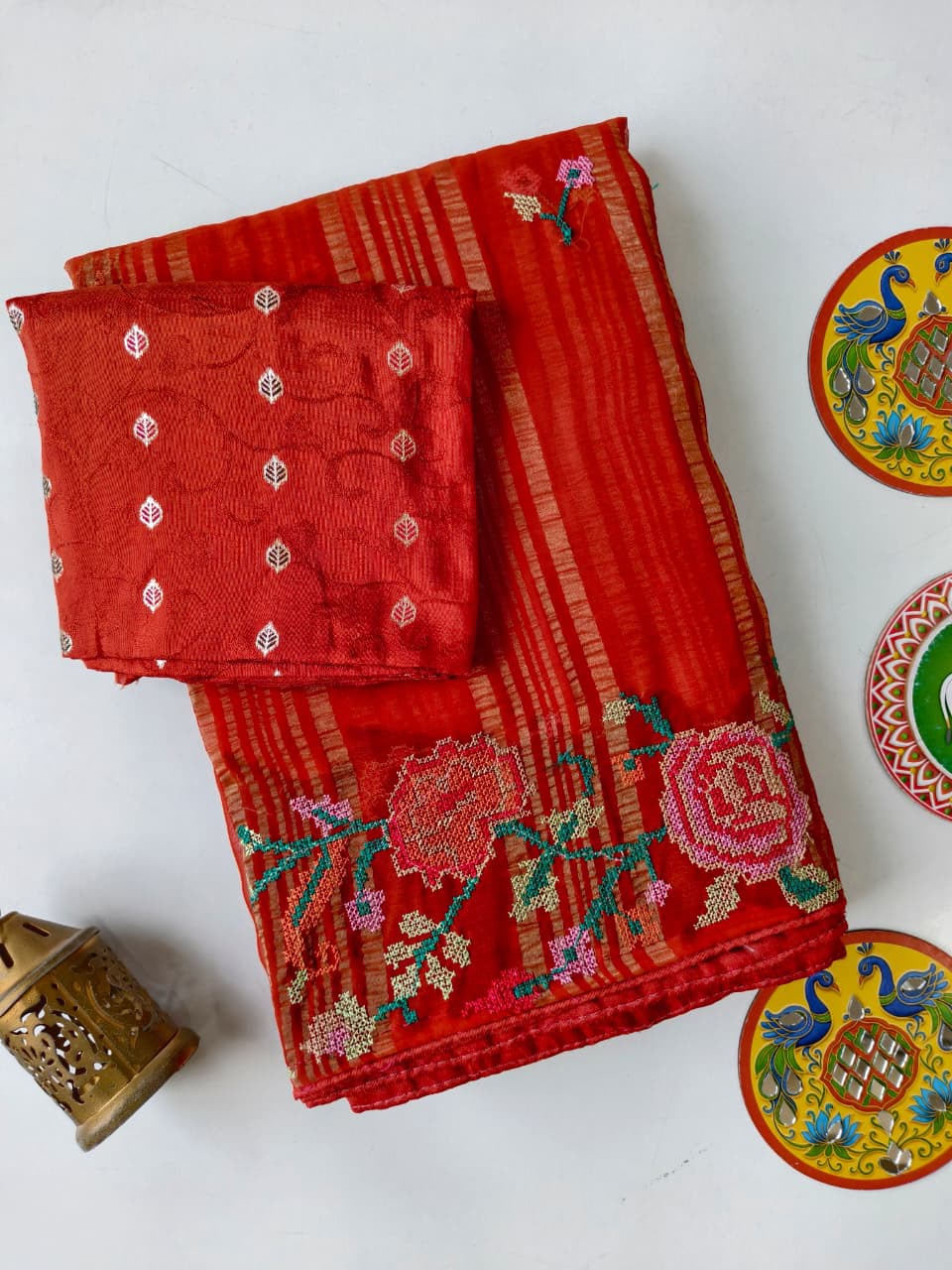 Efflorescence Red Embroidery Work Chiffon Silk Saree With Demure Blouse Piece