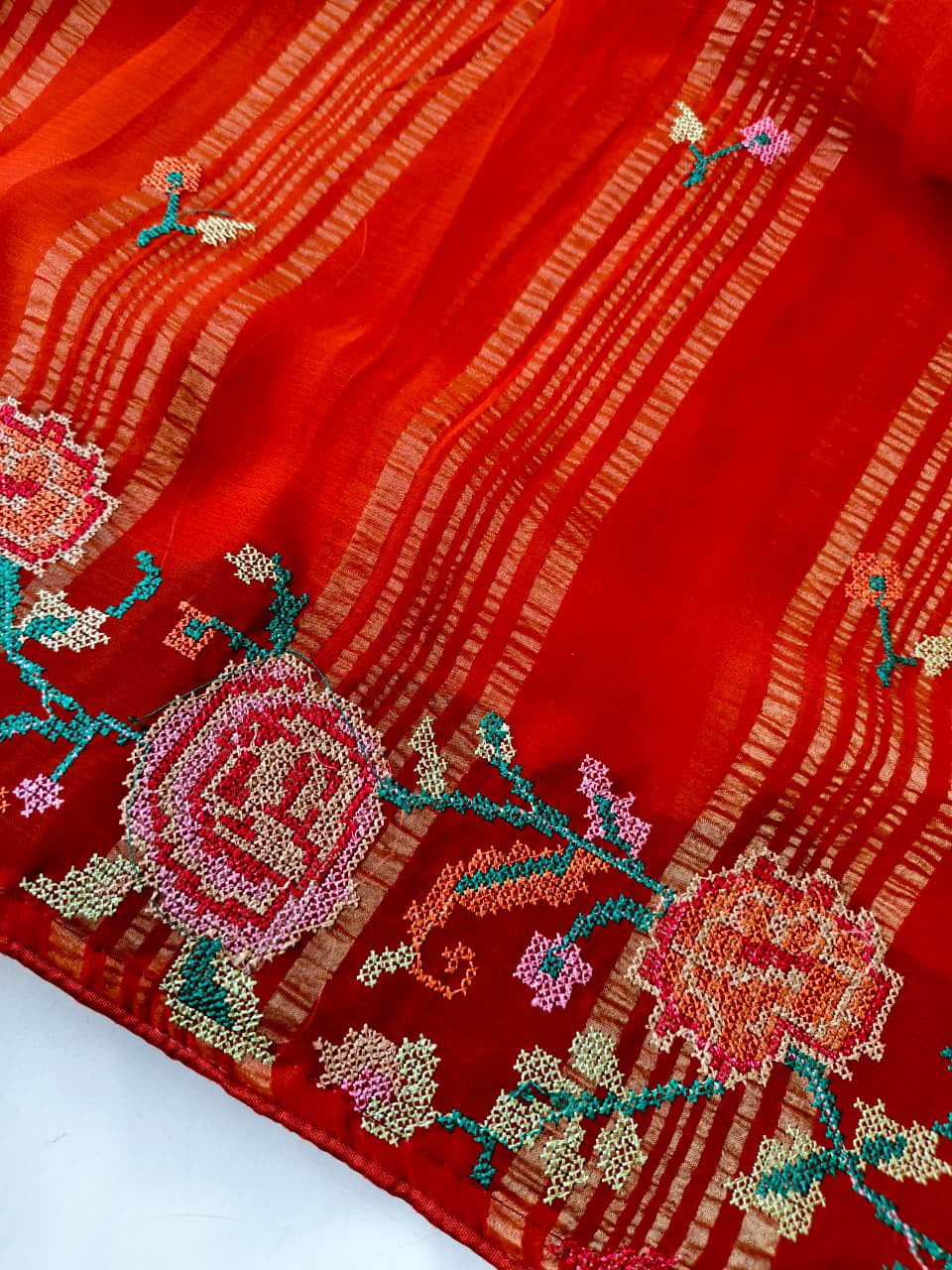 Efflorescence Red Embroidery Work Chiffon Silk Saree With Demure Blouse Piece