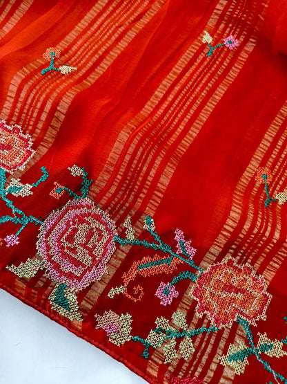 Efflorescence Red Embroidery Work Chiffon Silk Saree With Demure Blouse Piece