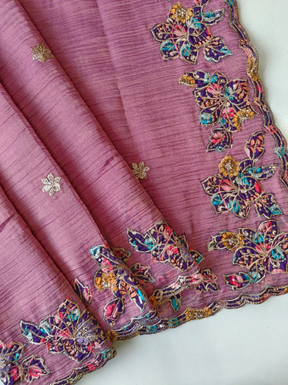 Luminous Pink Embroidery Work Crush Silk Saree With Cynosure Blouse Piece