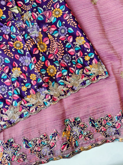 Luminous Pink Embroidery Work Crush Silk Saree With Cynosure Blouse Piece