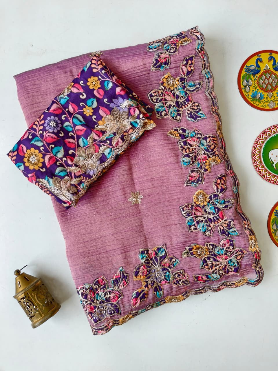 Luminous Pink Embroidery Work Crush Silk Saree With Cynosure Blouse Piece