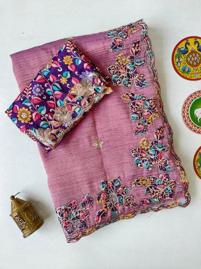 Luminous Pink Embroidery Work Crush Silk Saree With Cynosure Blouse Piece