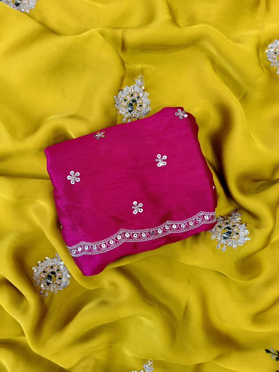 Opulent Yellow Hand Embroidery Work Georgette Saree With Super Extravagant Blouse Piece