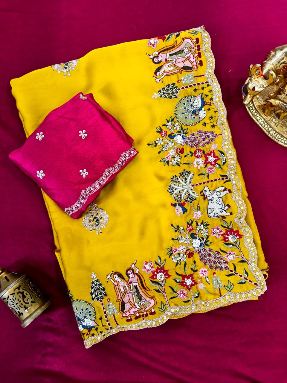 Opulent Yellow Hand Embroidery Work Georgette Saree With Super Extravagant Blouse Piece
