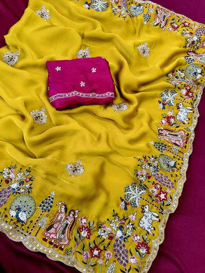 Opulent Yellow Hand Embroidery Work Georgette Saree With Super Extravagant Blouse Piece