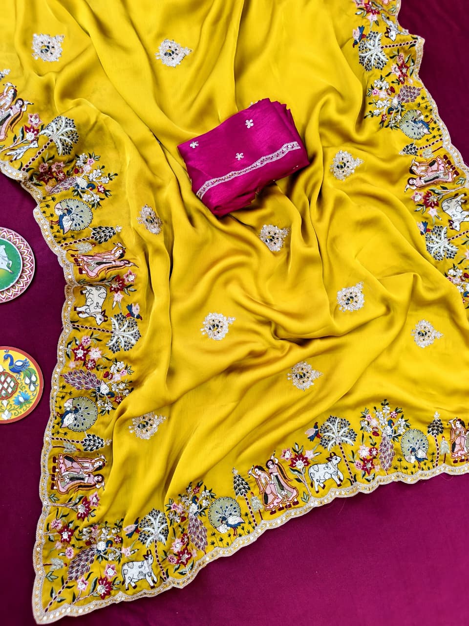 Opulent Yellow Hand Embroidery Work Georgette Saree With Super Extravagant Blouse Piece