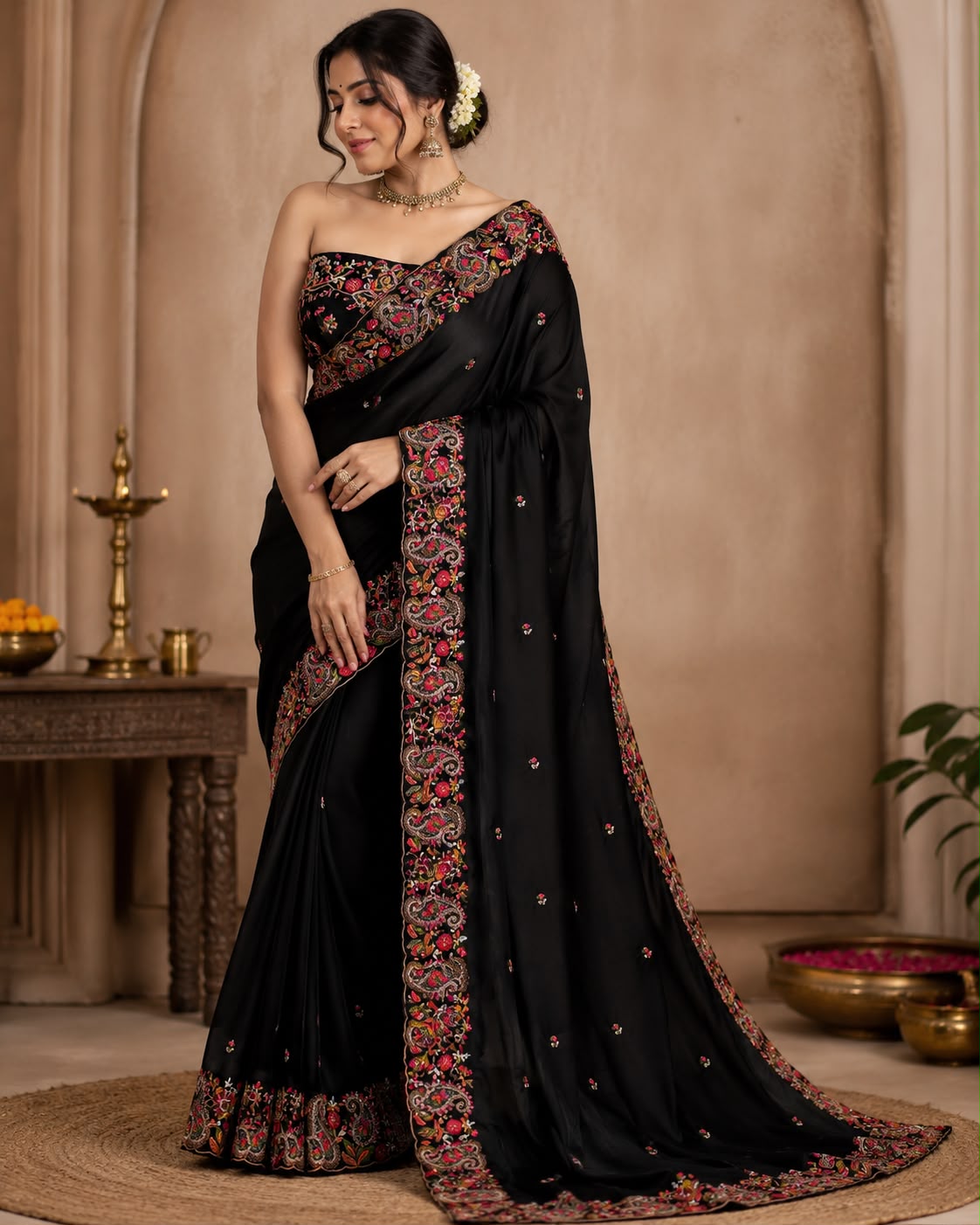 Girlish Black Embroidery Work Pure Georgette Saree With Splendorous Blouse Piece