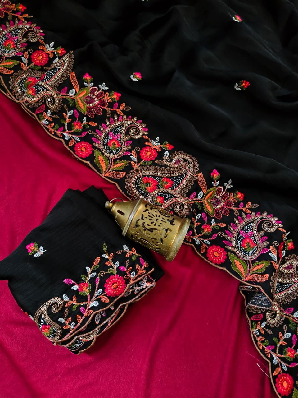 Girlish Black Embroidery Work Pure Georgette Saree With Splendorous Blouse Piece