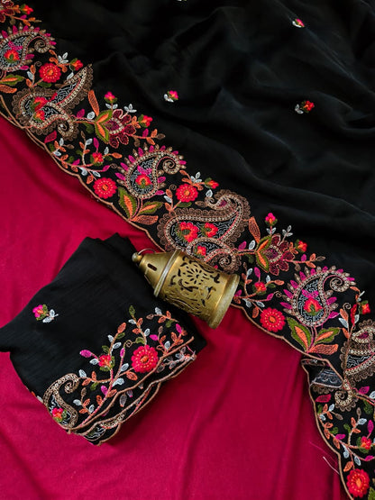 Girlish Black Embroidery Work Pure Georgette Saree With Splendorous Blouse Piece