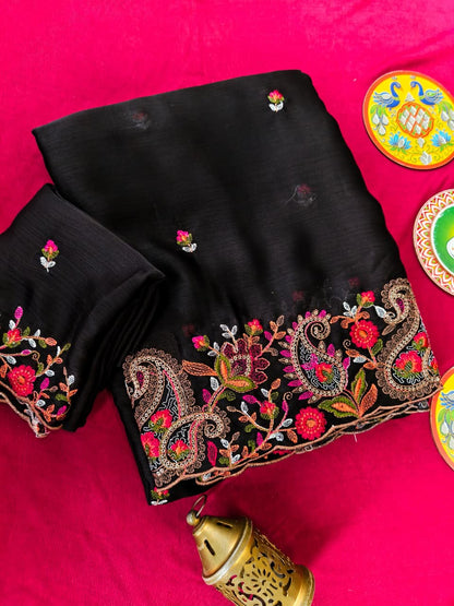 Girlish Black Embroidery Work Pure Georgette Saree With Splendorous Blouse Piece