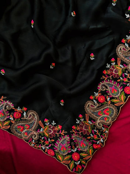Girlish Black Embroidery Work Pure Georgette Saree With Splendorous Blouse Piece