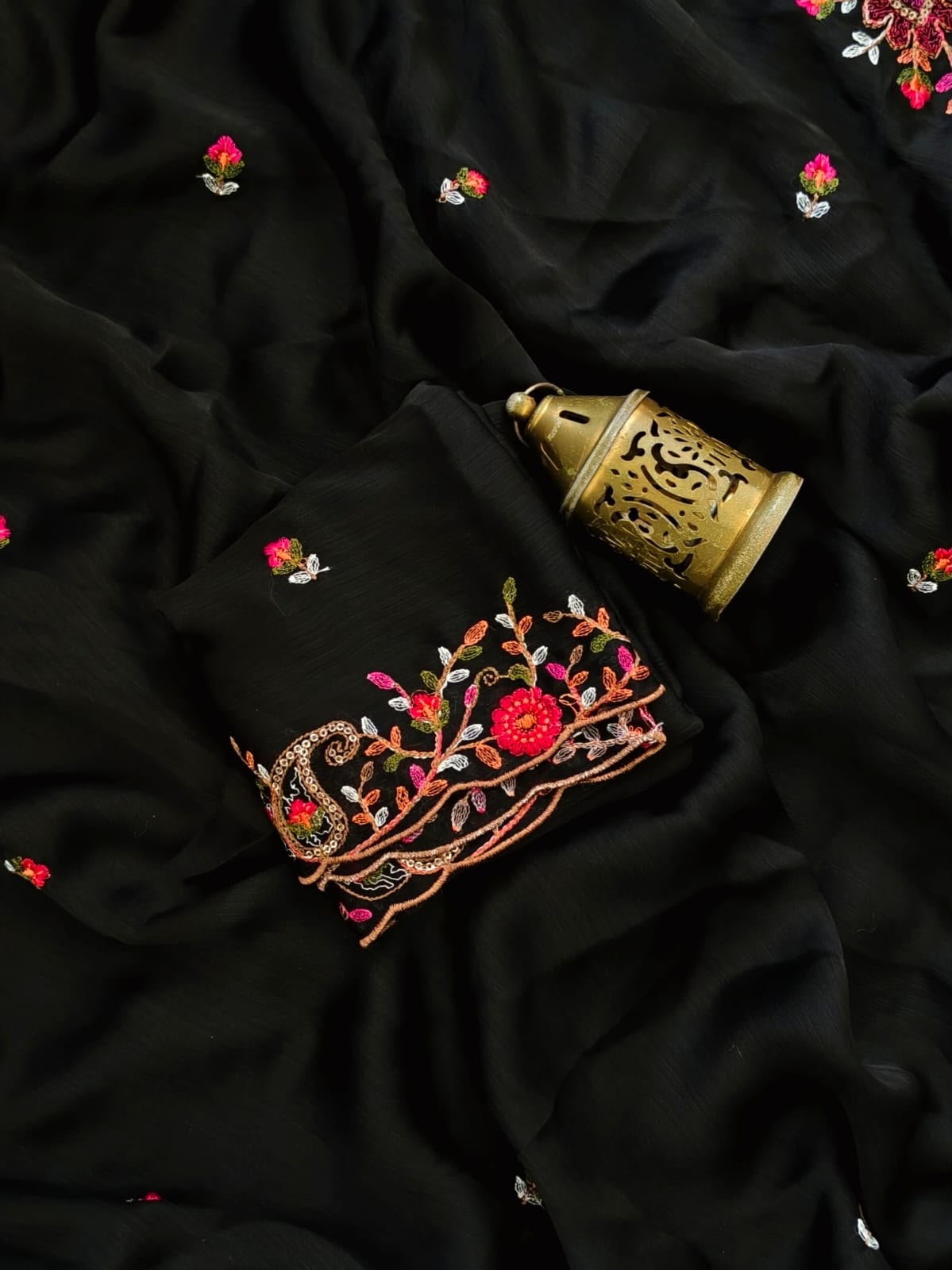 Girlish Black Embroidery Work Pure Georgette Saree With Splendorous Blouse Piece