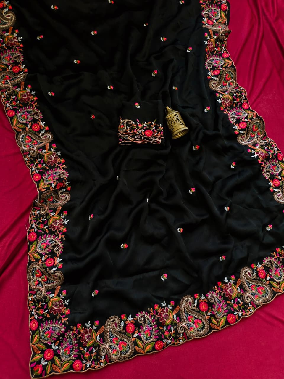 Girlish Black Embroidery Work Pure Georgette Saree With Splendorous Blouse Piece