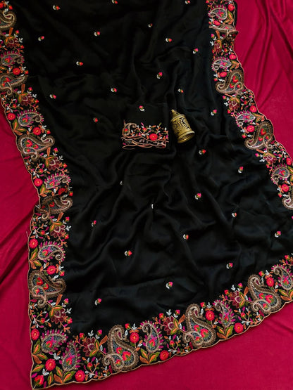 Girlish Black Embroidery Work Pure Georgette Saree With Splendorous Blouse Piece