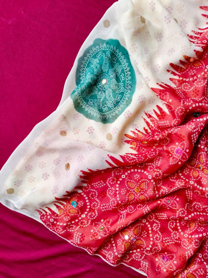 Ineffable Off White Pure Georgette Bandhani Printed Saree With Inspiring Blouse Piece