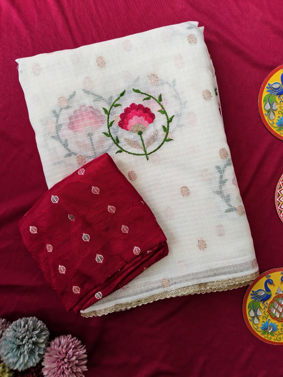 Elision Off White Embroidery Work Kota Doriya Silk Saree With Improbable Blouse Piece