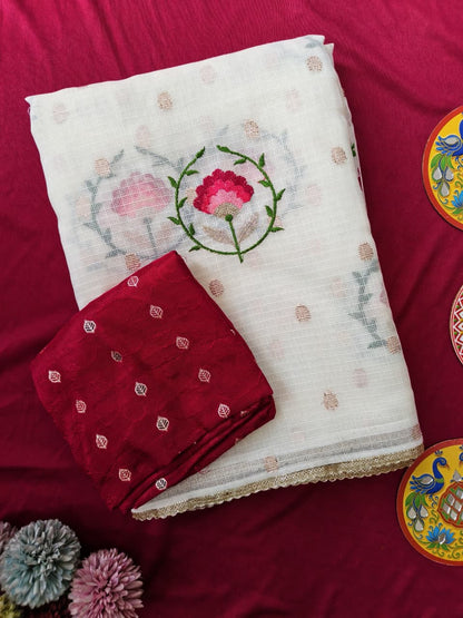 Elision Off White Embroidery Work Kota Doriya Silk Saree With Improbable Blouse Piece