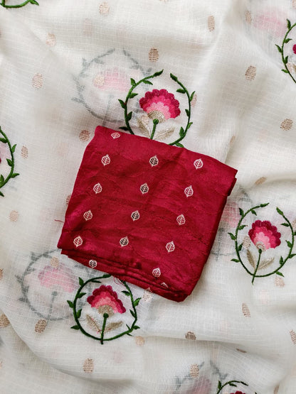 Elision Off White Embroidery Work Kota Doriya Silk Saree With Improbable Blouse Piece