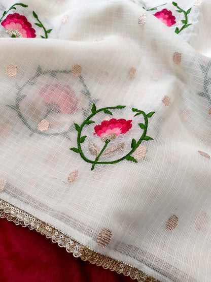 Elision Off White Embroidery Work Kota Doriya Silk Saree With Improbable Blouse Piece