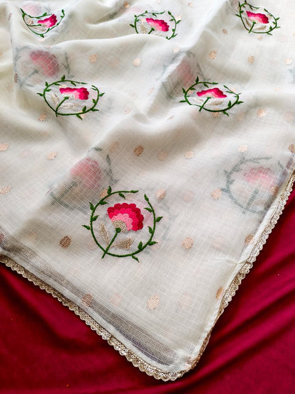 Elision Off White Embroidery Work Kota Doriya Silk Saree With Improbable Blouse Piece