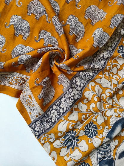 Magnetic Mustard Kalamkari Printed Saree With Flattering Blouse Piece