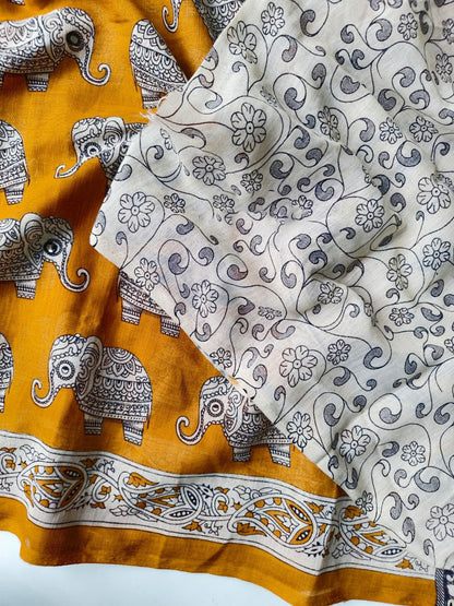 Magnetic Mustard Kalamkari Printed Saree With Flattering Blouse Piece