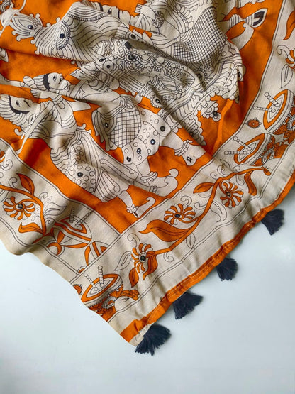 Fugacious Off White Kalamkari Printed Saree With Bucolic Blouse Piece