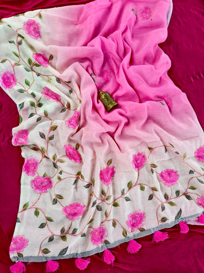 Whimsical Pink Handwork Linen Silk Printed Saree With Traditional Blouse Piece