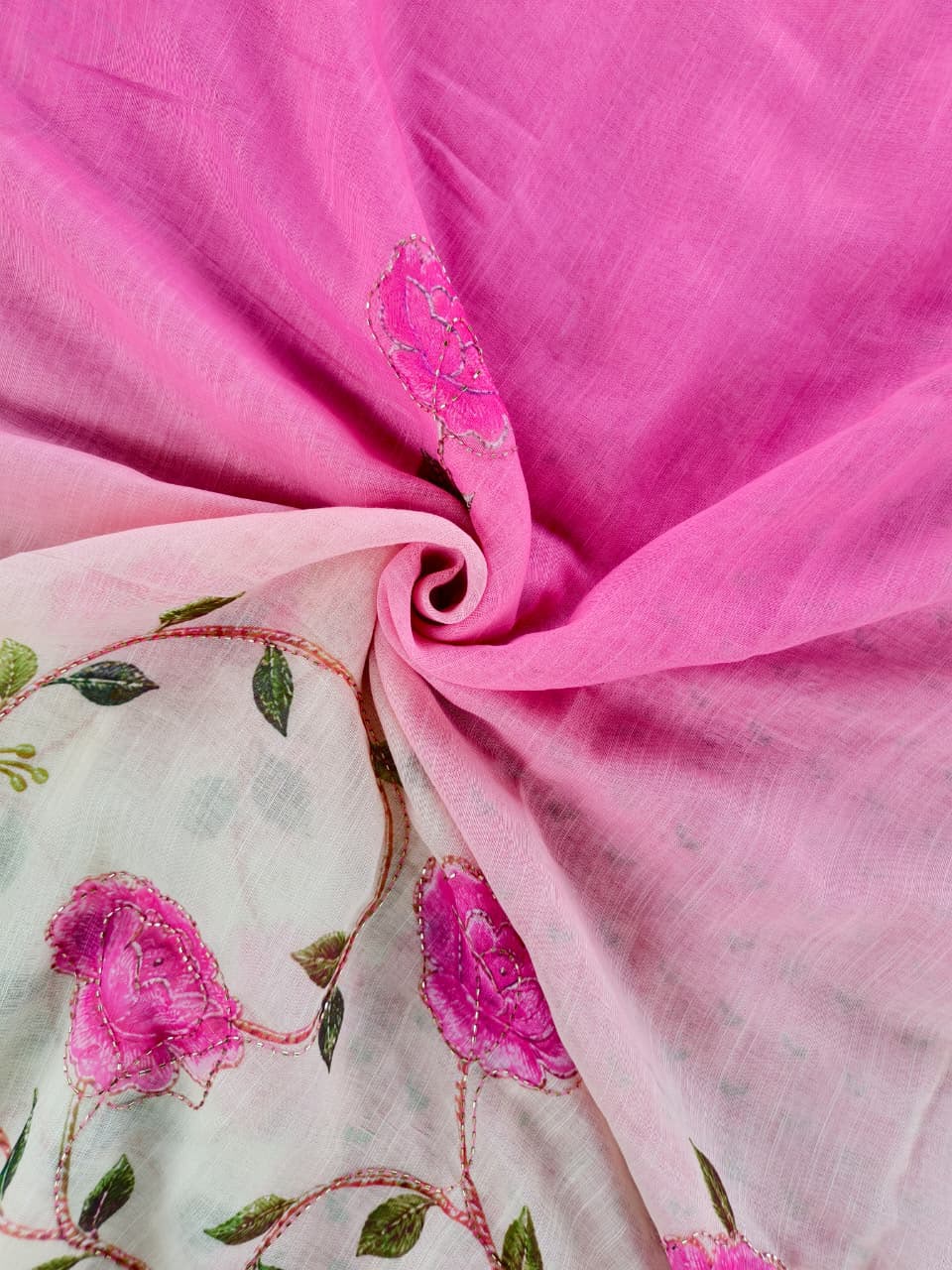 Whimsical Pink Handwork Linen Silk Printed Saree With Traditional Blouse Piece