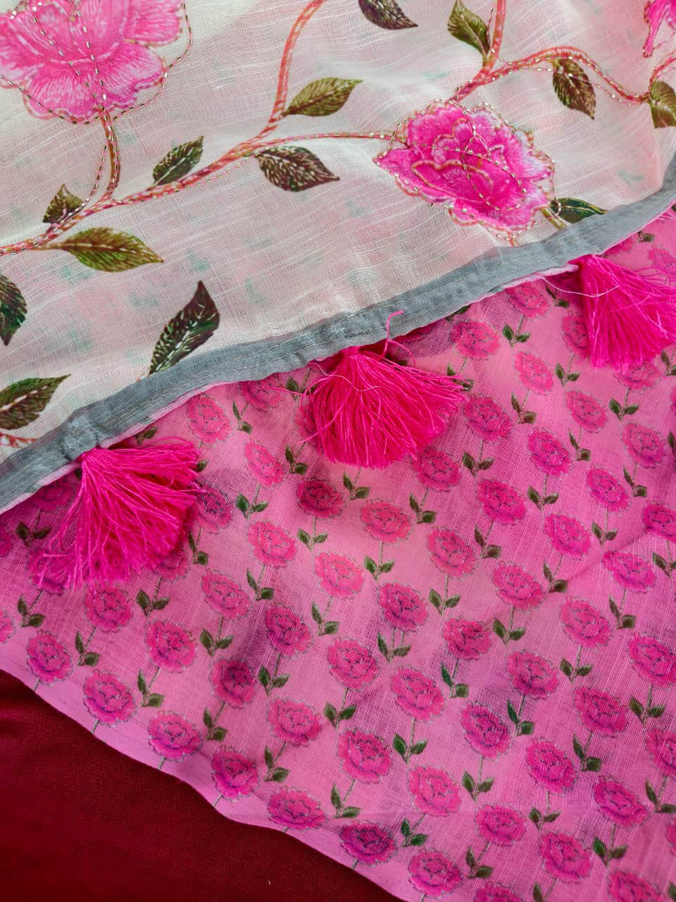 Whimsical Pink Handwork Linen Silk Printed Saree With Traditional Blouse Piece