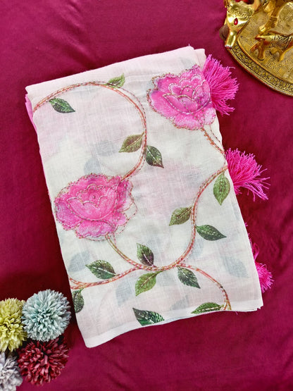 Whimsical Pink Handwork Linen Silk Printed Saree With Traditional Blouse Piece