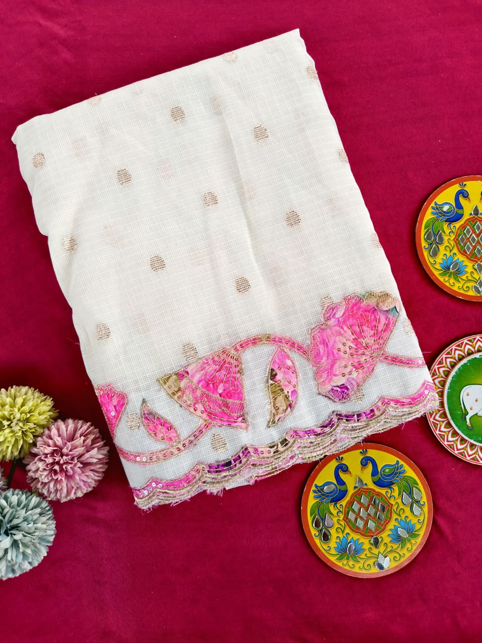 Seraglio Off White Embroidery Work Kota Doriya Silk Saree With Splendorous Blouse Piece