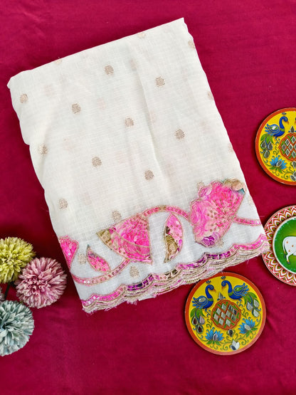 Seraglio Off White Embroidery Work Kota Doriya Silk Saree With Splendorous Blouse Piece