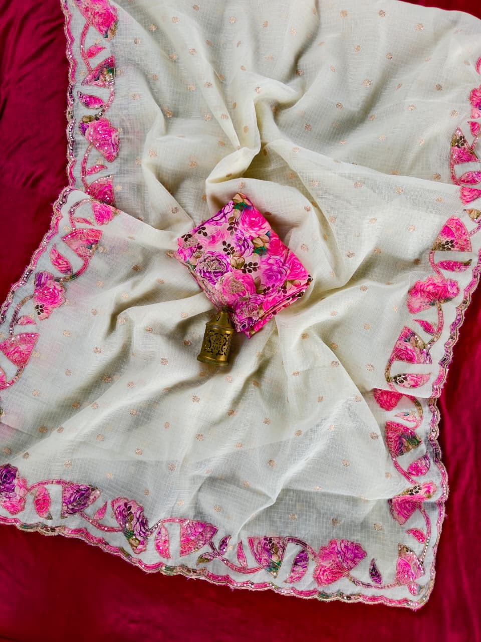 Seraglio Off White Embroidery Work Kota Doriya Silk Saree With Splendorous Blouse Piece