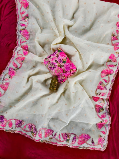 Seraglio Off White Embroidery Work Kota Doriya Silk Saree With Splendorous Blouse Piece