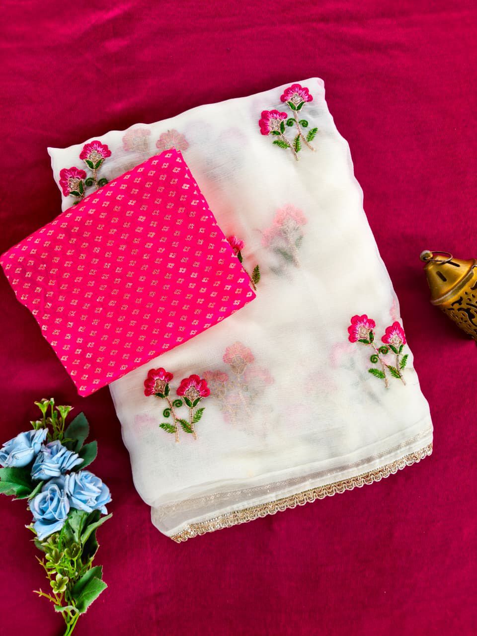 Desultory Off White Embroidery Work Pure Chiffon Silk Saree With Ephemeral Blouse Piece