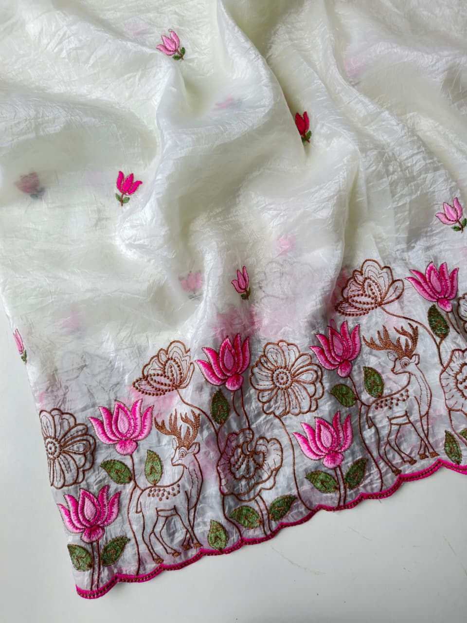 Staring Off White Embroidery Work Crush Silk Saree With Felicitous Blouse Piece