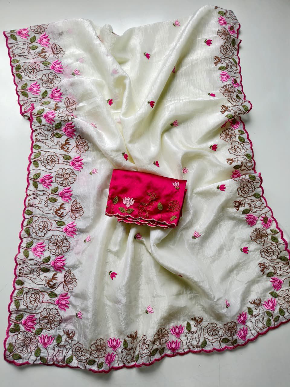 Staring Off White Embroidery Work Crush Silk Saree With Felicitous Blouse Piece