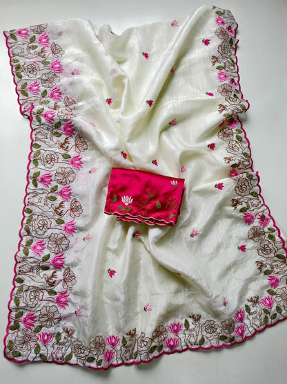 Staring Off White Embroidery Work Crush Silk Saree With Felicitous Blouse Piece
