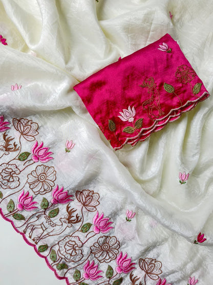 Staring Off White Embroidery Work Crush Silk Saree With Felicitous Blouse Piece