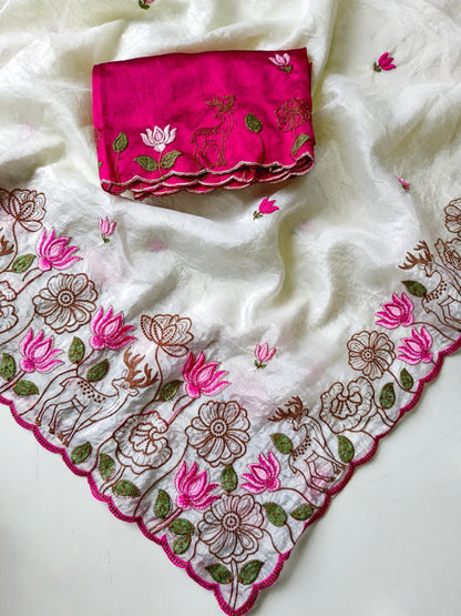 Staring Off White Embroidery Work Crush Silk Saree With Felicitous Blouse Piece