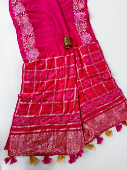 Skinny Dark Pink Embroidery Work Pure Dola Silk Saree With Classy Blouse Piece