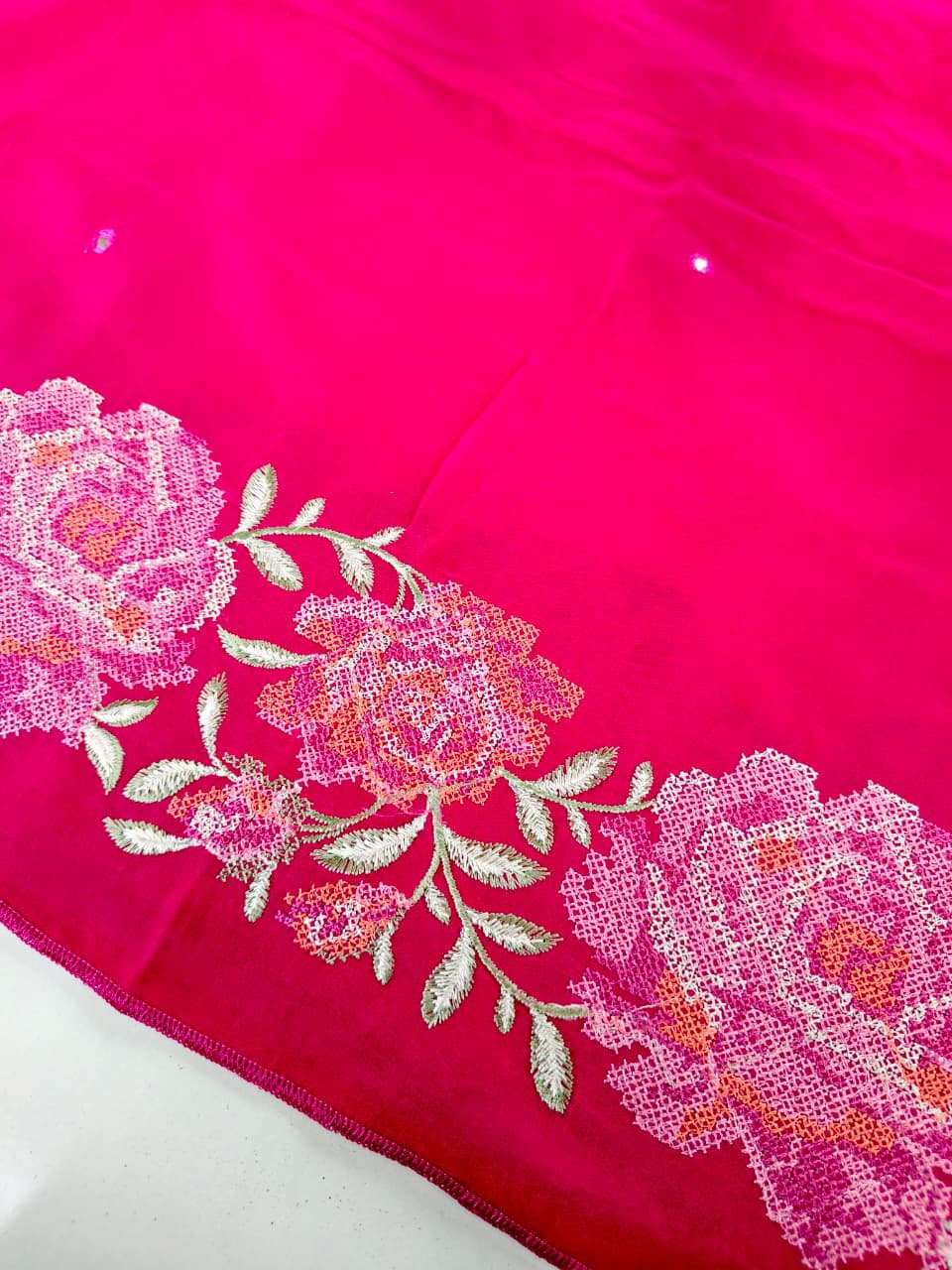 Skinny Dark Pink Embroidery Work Pure Dola Silk Saree With Classy Blouse Piece