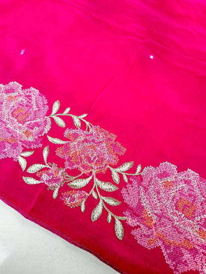Skinny Dark Pink Embroidery Work Pure Dola Silk Saree With Classy Blouse Piece
